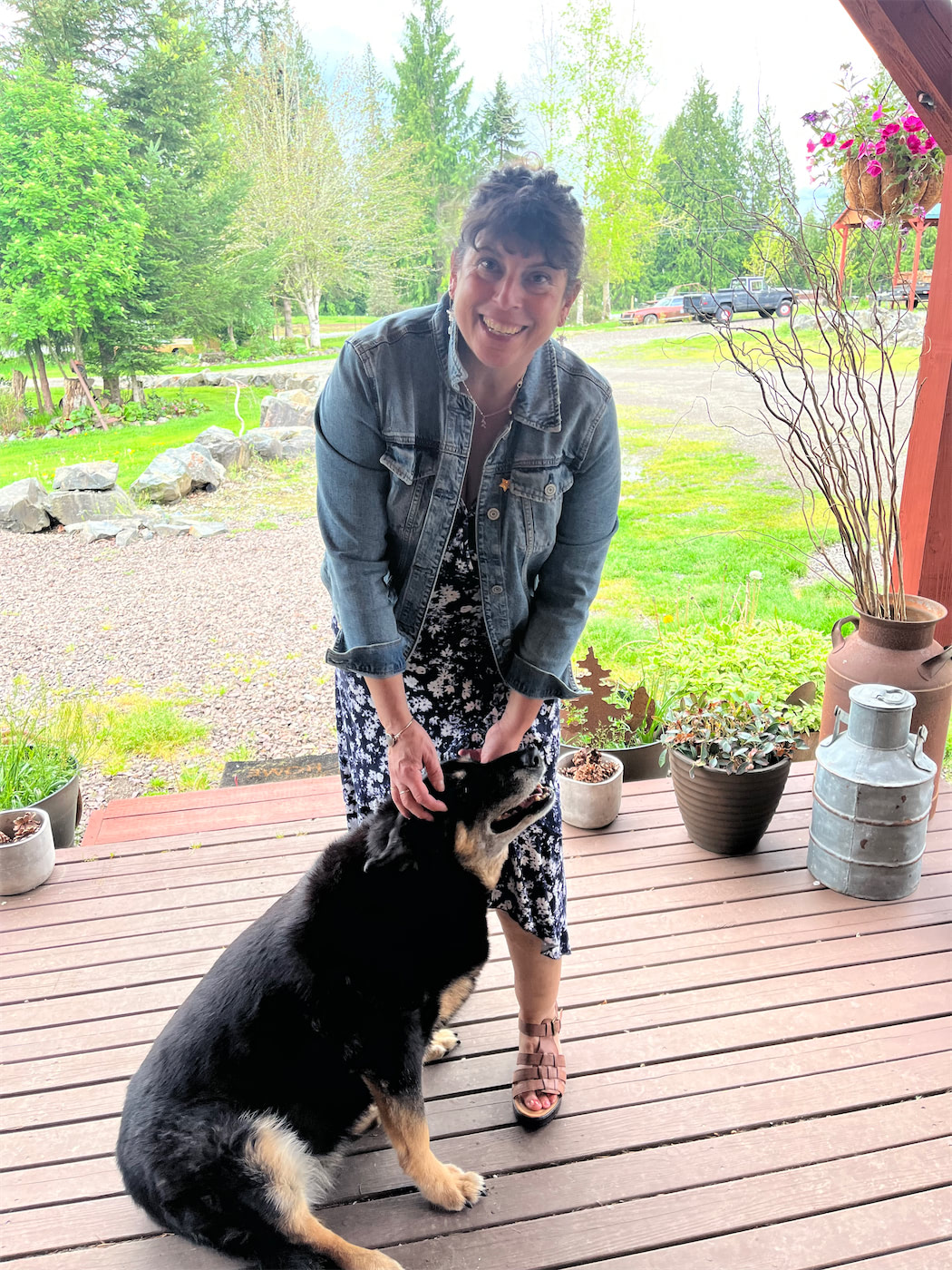 theresa dress and ruger on porch